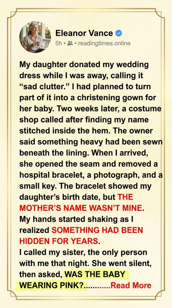 PART 1 My Daughter Donated My Wedding Dress as Sad Clutter—Then a Hidden Hospital Bracelet Revealed the Birth Secret My Sister and Late Mother Had Buried for Thirty Years From Me